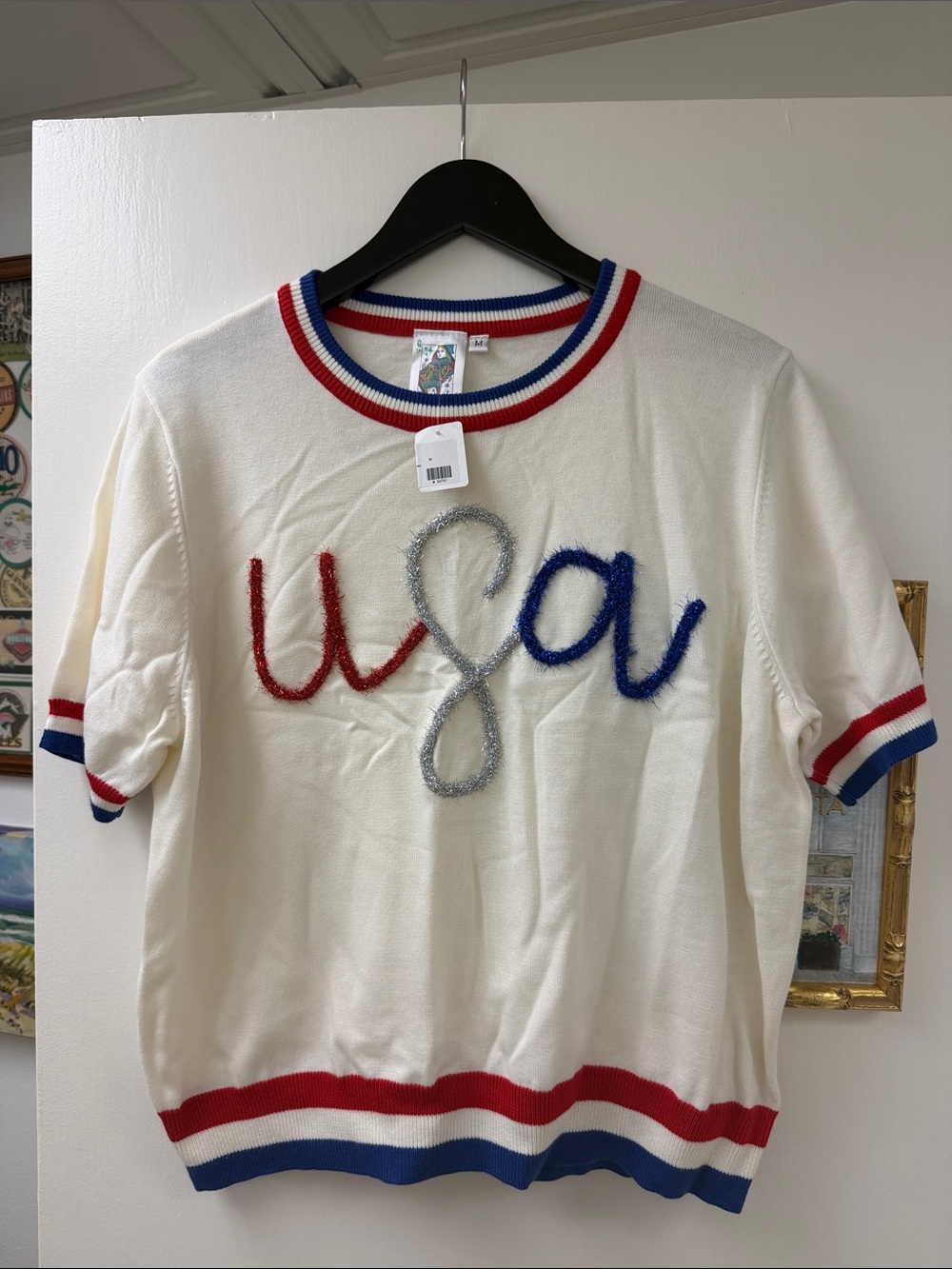 Queen of SparklesCream USA Embroidered Short Sleeve Sweater with Red & Blue Trim